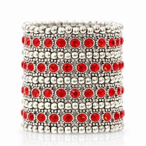 4 Row Silver Red Crystal Beaded Bracelet